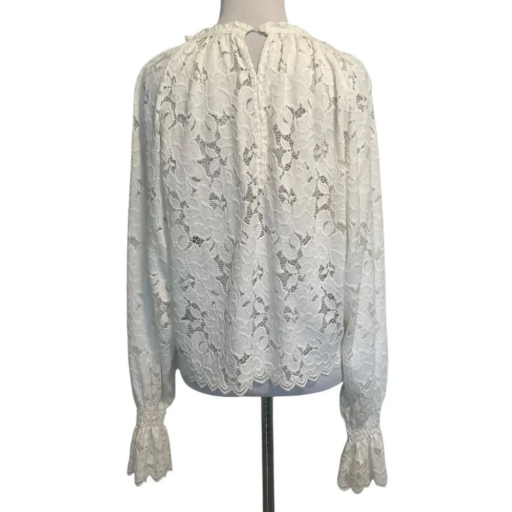 Free People Olivia Floral Lace Top Womens Medium Ivory Scalloped Trim Boho